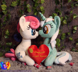 Size: 2404x2238 | Tagged: safe, artist:1stastrastudio, bon bon, lyra heartstrings, sweetie drops, earth pony, pony, unicorn, g4, duo, duo female, female, heart, heart plush, horn, irl, lesbian, photo, plushie, ship:lyrabon, shipping