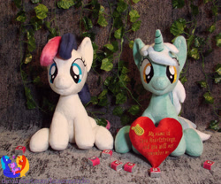 Size: 2545x2121 | Tagged: safe, artist:1stastrastudio, bon bon, lyra heartstrings, sweetie drops, earth pony, pony, unicorn, fanfic:background pony, g4, duo, duo female, female, heart, heart plush, horn, irl, lesbian, photo, plushie, ship:lyrabon, shipping