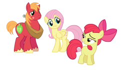 Size: 4000x2250 | Tagged: safe, anonymous artist, apple bloom, big macintosh, fluttershy, earth pony, pegasus, pony, brotherhooves social, g4, blank flank, caught, character swap, female, filly, foal, grin, gritted teeth, high res, kiss mark, lidded eyes, lipstick, male, mare, ship:fluttermac, shipping, simple background, smiling, smirk, stallion, straight, teeth, transparent background, trio, vector