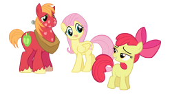 Size: 4000x2250 | Tagged: safe, alternate version, anonymous artist, apple bloom, big macintosh, fluttershy, earth pony, pegasus, pony, brotherhooves social, g4, blank flank, caught, character swap, female, filly, foal, grin, gritted teeth, high res, kiss mark, lidded eyes, lipstick, male, mare, ship:fluttermac, shipping, simple background, smiling, smirk, stallion, straight, teeth, transparent background, trio, vector