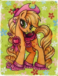 Size: 1554x2048 | Tagged: safe, artist:dariarchangel, applejack, earth pony, pony, g4, alternate hairstyle, apple, applejack also dresses in style, barrette, blonde, blonde hair, blonde mane, blonde tail, boots, clothes, colored pencil drawing, cowboy boots, cowboy hat, cowgirl, cute, fashion style, female, flower, food, freckles, green eyes, hairclip, hat, hoof shoes, jackabetes, lidded eyes, looking down, mare, medal, orange coat, pink shoes, ribbon, saddle, shoes, smiling, solo, tack, tail, that pony sure does love apples, toy, toy interpretation, traditional art