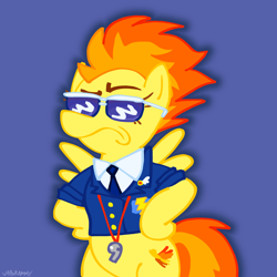 Size: 1280x1280 | Tagged: safe, artist:vaporammy, spitfire, pegasus, pony, g4, badge, bipedal, blue background, clothes, enamel pin, eyebrows, eyelashes, hooves on hips, necktie, raised eyebrow, simple background, solo, spread wings, suit, sunglasses, uniform, whistle, whistle necklace, wings, wonderbolts