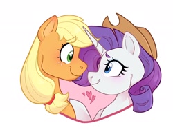 Size: 2048x1536 | Tagged: safe, artist:slushpony, applejack, rarity, g4, accessory swap, applejack's hat, cowboy hat, duo, duo female, female, hat, lesbian, looking at each other, looking at someone, ship:rarijack, shipping, simple background, white background