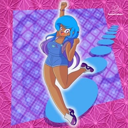 Size: 1920x1920 | Tagged: safe, alternate version, artist:theratedrshimmer, izzy moonbow, human, g5, bracelet, cute, dark skin, female, friendship bracelet, happy, human coloration, humanized, izzybetes, jewelry, legs, open mouth, open smile, overall shorts, passepartout, smiling, solo, thick