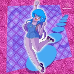 Size: 1920x1920 | Tagged: safe, alternate version, artist:theratedrshimmer, izzy moonbow, human, equestria girls, g4, g5, bracelet, clothes, cute, female, friendship bracelet, happy, humanized, izzybetes, jewelry, legs, open mouth, open smile, passepartout, shoes, smiling, solo, thick