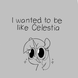 Size: 1000x1000 | Tagged: safe, artist:opossum-stuff, part of a set, twilight sparkle, pony, unicorn, g4, big eyes, bust, eye clipping through hair, eyelashes, female, gray background, implied princess celestia, mare, monochrome, simple background, sparkles, text, this will not end well, unicorn twilight