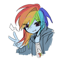 Size: 1200x1200 | Tagged: safe, artist:m4n3ul, rainbow dash, human, equestria girls, g4, bust, clothes, cutie mark on clothes, eye clipping through hair, eyebrows, eyebrows visible through hair, fangs, female, jacket, looking at you, peace sign, simple background, smiling, smiling at you, solo, white background