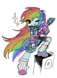 Size: 1248x1716 | Tagged: safe, artist:m4n3ul, rainbow dash, human, equestria girls, g4, my little pony equestria girls: rainbow rocks, clothes, compression shorts, eye clipping through hair, eyebrows, eyebrows visible through hair, fangs, female, guitar, looking at you, multicolored hair, musical instrument, one eye closed, open mouth, rainbow hair, shoes, simple background, smiling, smiling at you, socks, solo, sparkles, speaker, white background, wink, winking at you