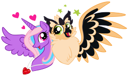 Size: 2445x1457 | Tagged: safe, artist:moondeer1616, oc, oc only, oc:heart sparkle, alicorn, griffon, g4, alicorn oc, chest fluff, duo, female, griffon oc, heart, heart necklace, horn, looking at each other, looking at someone, mare, necklace, simple background, smiling, spread wings, stars, transparent background, wings