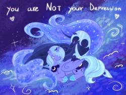 Size: 2048x1551 | Tagged: safe, artist:avosj, nightmare moon, princess luna, alicorn, pony, g4, crying, depression, duo, duo female, ethereal mane, ethereal tail, eyes closed, female, floppy ears, heart, jewelry, looking down, lying down, mare, motivational, positive message, positive ponies, prone, regalia, s1 luna, sparkles, tail, text