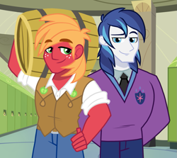 Size: 947x845 | Tagged: safe, artist:yokokinawa, alumnus shining armor, big macintosh, shining armor, human, equestria girls, g4, alternate design, arm behind back, barrel, canterlot high, duo, duo male, freckles, lockers, male