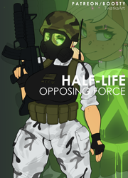 Size: 2199x3062 | Tagged: safe, alternate version, artist:twa1kaart, applejack, earth pony, anthro, g4, assault rifle, big breasts, breasts, busty applejack, freckles, gas mask, gradient background, gun, h.e.c.u., half-life, half-life: opposing force, huge breasts, mask, rifle, solo, weapon