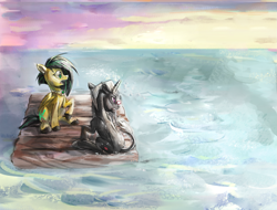 Size: 2231x1700 | Tagged: safe, artist:beherelongtime, oc, oc only, oc:lightning bug, oc:polaris, pegasus, pony, unicorn, fanfic:song of seven, black mane, horizon, horn, leonine tail, ocean, pegasus oc, raft, silver mane, sunset, tail, two toned mane, unicorn oc, water, wings