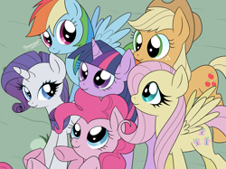 Size: 2217x1662 | Tagged: safe, artist:sakurabiskuit, applejack, fluttershy, pinkie pie, rainbow dash, rarity, twilight sparkle, earth pony, pegasus, pony, unicorn, friendship is magic, g4, my little pony: friendship is magic, female, group, lying down, mane six, mare, on back, scene interpretation, sextet, smiling, spread wings, unicorn twilight, wings