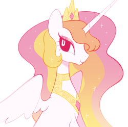 Size: 2048x2041 | Tagged: safe, artist:risswm, princess celestia, alicorn, pony, g4, alternate design, bust, female, high res, looking at you, mare, no sclera, partially open wings, simple background, smiling, smiling at you, solo, sparkly mane, white background, wings