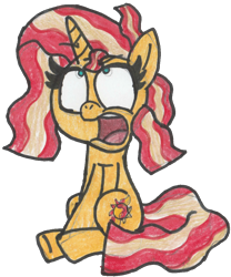 Size: 895x1078 | Tagged: safe, artist:captainquack64, sunset shimmer, pony, unicorn, g4, 2018, bacon, bacon hair, food, horn, meat, open mouth, simple background, solo, traditional art, transparent background