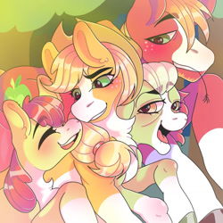 Size: 1280x1280 | Tagged: safe, artist:randomcatastrafy, apple bloom, applejack, big macintosh, granny smith, earth pony, pony, g4, alternate design, apple family, chest fluff, coat markings, eyes closed, facial markings, female, filly, foal, male, mare, open mouth, open smile, pale belly, smiling, socks (coat markings), stallion, straw in mouth, stripe (coat marking)