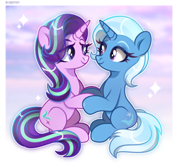 Size: 2500x2363 | Tagged: safe, artist:scarffist, starlight glimmer, trixie, pony, unicorn, g4, base used, blue mane, couple, cute, diatrixes, duo, duo female, female, glimmerbetes, happy, holding hooves, horn, lesbian, light skin, long hair, long mane, long tail, looking at each other, looking at someone, pink eyes, purple eyes, purple hair, purple mane, ship:startrix, shipping, short mane, smiling, sparkles, tail