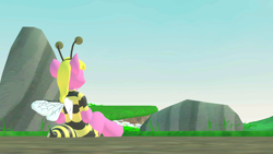 Size: 3840x2160 | Tagged: safe, artist:lyrabonbgp, cherry berry, earth pony, pony, anthro, g4, 3d, animal costume, bee costume, clothes, costume, female, garden, looking at something, looking away, mare, photo, rock, scenery, sitting, sky, super mario bros., super mario galaxy, virtual reality, vrchat, wallpaper