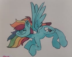 Size: 2048x1619 | Tagged: safe, artist:irisikiki, rainbow dash, pegasus, pony, g4, eyes closed, female, flying, mare, smiling, solo, traditional art, watercolor painting, windswept mane