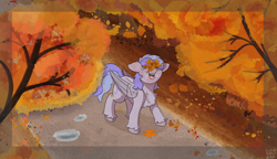 Size: 3000x1730 | Tagged: safe, artist:dsksh, oc, oc only, oc:discoordination, pegasus, pony, autumn, falling leaves, folded wings, happy, leaf, leaves, leaves in hair, male, nature, open mouth, outdoors, park, pegasus oc, pegasus wings, road, solo, stallion, standing, tail, tree, two toned mane, two toned tail, unshorn fetlocks, wings