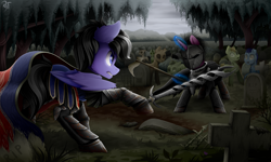 Size: 4000x2400 | Tagged: safe, artist:rainbowfire, oc, oc only, oc:violett spectrum, pegasus, pony, undead, unicorn, zombie, zombie pony, armor, black mane, clothes, cloud, cloudy, cute, duo, female, fight, forest, forest background, gloomy, graveyard, horn, jacket, knight, male, mare, nature, raised hoof, scythe, spread wings, stallion, sword, sword fight, tree, weapon, wicked, wings