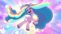 Size: 1920x1088 | Tagged: safe, screencap, izzy moonbow, pony, unicorn, g5, my little pony: tell your tale, the blockywockys, spoiler:g5, spoiler:my little pony: tell your tale, spoiler:tyts02e00, blue hair, blue mane, colored pupils, cute, eyelashes, female, glowing, horn, izzy rainbow, izzybetes, long mane, mare, multicolored hair, multicolored mane, purple coat, smiling, teeth