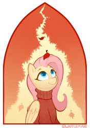 Size: 509x722 | Tagged: safe, artist:waffletheheadmare, fluttershy, pegasus, pony, g4, autumn, clothes, female, leaf, leaves, mare, simple background, smiling, solo, sweater, sweatershy, turtleneck