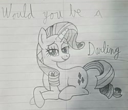 Size: 2440x2090 | Tagged: safe, artist:sewaddle36, derpibooru exclusive, rarity, pony, unicorn, g4, female, horn, lined paper, lying down, pencil drawing, solo, text, traditional art