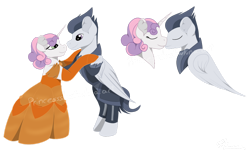 Size: 1280x773 | Tagged: safe, artist:princessshadowluna, rumble, sweetie belle, pegasus, pony, unicorn, g4, alternate hairstyle, beauty and the beast, belle, clothes, colt, cute, daaaaaaaaaaaw, dancing, dancing together, diasweetes, dress, duo, evening gloves, eyes closed, female, filly, foal, gloves, gown, horn, long gloves, looking at each other, looking at someone, male, namesake, nuzzling, pun, rumblebetes, ship:rumbelle, shipping, simple background, smiling, smiling at each other, straight, suit, transparent background, visual pun, waltz, wholesome