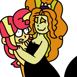 Size: 1000x1000 | Tagged: safe, artist:jadeharmony, adagio dazzle, sunset shimmer, cecaelia, mermaid, equestria girls, g4, :3, ^^, duo, duo female, eyes closed, eyeshadow, female, gritted teeth, help me, hug, makeup, mermaidized, sea witch, shrunken pupils, simple background, species swap, surprise hug, teeth, transparent background, wide eyes