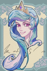 Size: 960x1440 | Tagged: safe, artist:erye037249, princess celestia, human, g4, bust, grin, humanized, portrait, smiling, solo