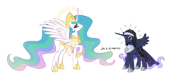 Size: 3420x1591 | Tagged: safe, artist:karoiy, princess celestia, princess luna, alicorn, pony, g4, clothes, dress, duo, duo female, female, mare, raised hoof, royal sisters, siblings, simple background, sisters, spread wings, text, white background, wings