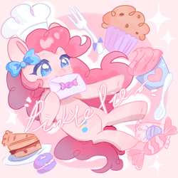 Size: 1080x1080 | Tagged: safe, artist:meijiangu, pinkie pie, earth pony, pony, g4, cake, candy, cupcake, female, food, fork, letter, mare, muffin, plate, solo, spoon, text