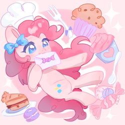 Size: 1080x1080 | Tagged: safe, alternate version, artist:meijiangu, pinkie pie, earth pony, pony, g4, cake, candy, cupcake, female, food, fork, letter, mare, muffin, plate, solo, spoon