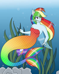 Size: 1280x1600 | Tagged: safe, artist:hiroultimate, rainbow dash, mermaid, equestria girls, g4, breasts, bubble, busty rainbow dash, cute, dashabetes, dorsal fin, female, fin, fin wings, fins, fish tail, flowing mane, flowing tail, grin, mermaidized, ocean, rainbow dash's cutie mark, scales, seaweed, smiling, solo, species swap, swimming, tail, underwater, water, wings