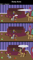 Size: 1920x3516 | Tagged: safe, artist:platinumdrop, derpy hooves, oc, oc:dusty hooves, comic:dusty acres, series:technoverse, g4, 3 panel comic, angry, comic, commission, dialogue, door, female, filly, finally wholesome, foal, happy, hoof hold, living room, mouth hold, plushie, scared, speech bubble, toy, younger