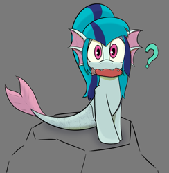 Size: 665x682 | Tagged: safe, artist:cotarsis, sonata dusk, fish, pony, seapony (g4), rainbow rocks 10th anniversary, g4, gray background, looking at you, mouth hold, question mark, rock, simple background, solo