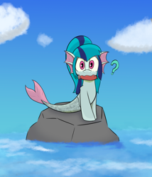 Size: 736x860 | Tagged: safe, alternate version, artist:cotarsis, sonata dusk, fish, pony, seapony (g4), rainbow rocks 10th anniversary, g4, looking at you, mouth hold, question mark, rock, solo, water