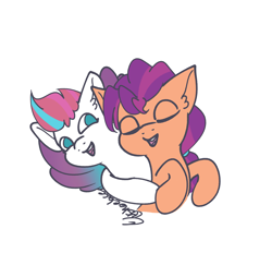 Size: 2688x2612 | Tagged: safe, artist:tkshoelace, sunny starscout, zipp storm, earth pony, pegasus, pony, g5, duo, duo female, eyes closed, female, hug, lesbian, nuzzling, open mouth, raised leg, ship:sunnystorm, shipping, simple background, smiling, spread wings, white background, wings