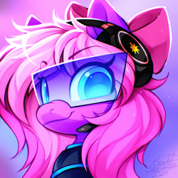 Size: 750x750 | Tagged: safe, artist:scarlet-spectrum, oc, oc only, oc:lillybit, pony, bow, bust, commission, female, hair bow, headset, looking at you, mare, portrait, solo