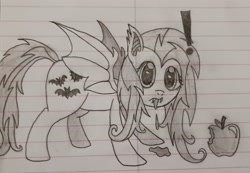 Size: 3275x2270 | Tagged: safe, artist:sewaddle36, derpibooru exclusive, fluttershy, bat pony, g4, apple, apple juice, bat ponified, bat wings, caught, exclamation point, female, flutterbat, food, juice, lined paper, looking at you, pencil drawing, puddle, race swap, solo, spread wings, surprised, traditional art, wings