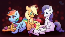 Size: 1920x1080 | Tagged: safe, artist:exobass, apple bloom, applejack, rainbow dash, rarity, scootaloo, sweetie belle, earth pony, pegasus, pony, unicorn, g4, abstract background, apple sisters, belle sisters, cutie mark crusaders, female, filly, foal, horn, mare, scootalove, sibling love, siblings, sisterly love, sisters