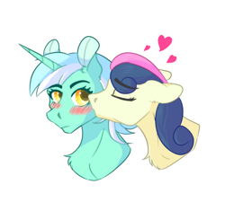 Size: 2000x1800 | Tagged: safe, artist:komodon, bon bon, lyra heartstrings, sweetie drops, earth pony, pony, unicorn, g4, blushing, bust, cheek kiss, duo, duo female, ear fluff, eyes closed, female, floppy ears, heart, horn, kissing, lesbian, mare, ship:lyrabon, shipping, simple background, white background