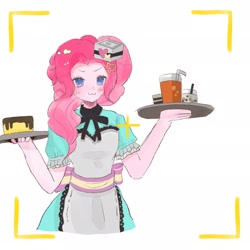 Size: 2048x2048 | Tagged: safe, artist:xueshitiexiuweide, pinkie pie, human, equestria girls, g4, :3, apron, bubble tea, camera shot, clothes, dress, drink, female, hat, juice, meal, simple background, solo, tray, white background