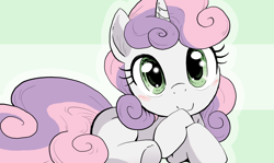 Size: 2152x1285 | Tagged: safe, artist:anonymous, sweetie belle, pony, unicorn, g4, cute, diasweetes, female, filly, foal, horn, looking at you, solo