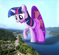 Size: 1024x963 | Tagged: safe, artist:mrlolcats17, artist:rotzerrich, twilight sparkle, pony, unicorn, g4, female, giant ponies in real life, giant pony, giant twilight sparkle, giant unicorn, giantess, highrise ponies, irl, lake, looking down, macro, mare, photo, ponies in real life, portal, solo, unicorn twilight, water