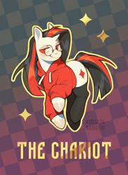 Size: 3997x5492 | Tagged: safe, artist:kuroikamome, oc, oc only, pony, unicorn, g4, checkered background, clothes, female, glasses, gradient background, hoodie, horn, looking at you, mare, patterned background, red clothes, red eyes, smiling, solo, stars, stockings, tail, tarot card, text, thigh highs, turned head, two toned mane, two toned tail, white coat