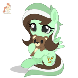 Size: 2400x2400 | Tagged: safe, artist:r4hucksake, oc, oc only, oc:choco mint, pegasus, pony, cute, female, filly, foal, heterochromia, ocbetes, plushie, simple background, solo, teddy bear, transparent background