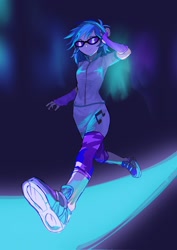 Size: 1448x2048 | Tagged: safe, artist:dusknebula, dj pon-3, vinyl scratch, human, equestria girls, g4, abstract background, clothes, colored eyebrows, eyebrows, female, fingerless gloves, glasses, gloves, hand on head, headphones, leggings, path, shirt, shoes, skirt, slender, smiling, solo, thin, vinyl's glasses, walking